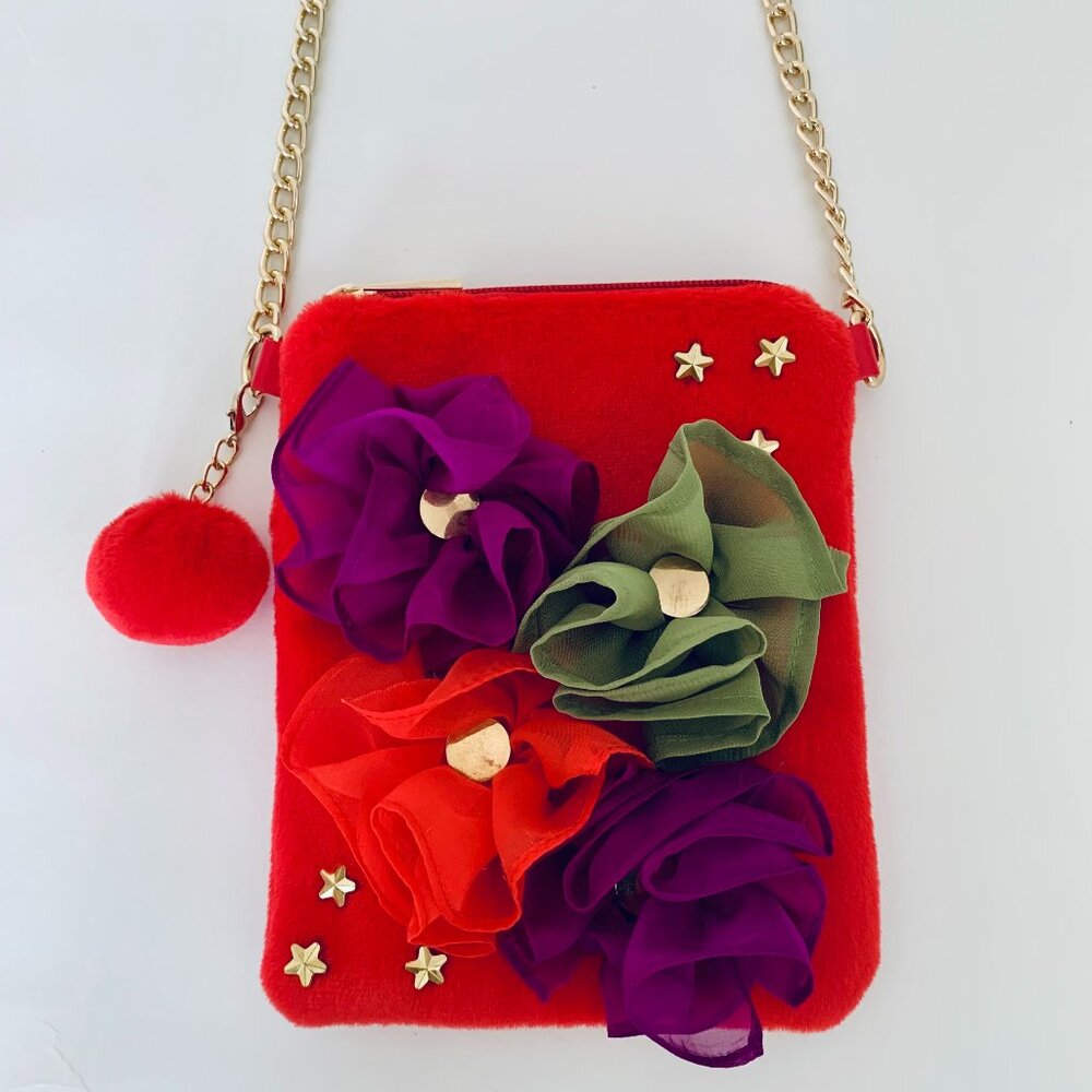 Garell Red Crossbody Fur MIni Handbag Hand Embellished with Floral Decorations